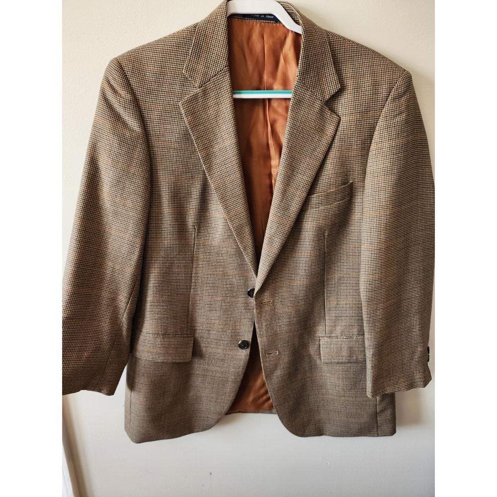 Alan Flusser Mens 40R Worsted Wool Houndstooth Blazer Sport Coat Brown Tan